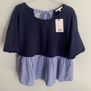 DR2 Peplum Gingham Top With Keyhole Tie Back